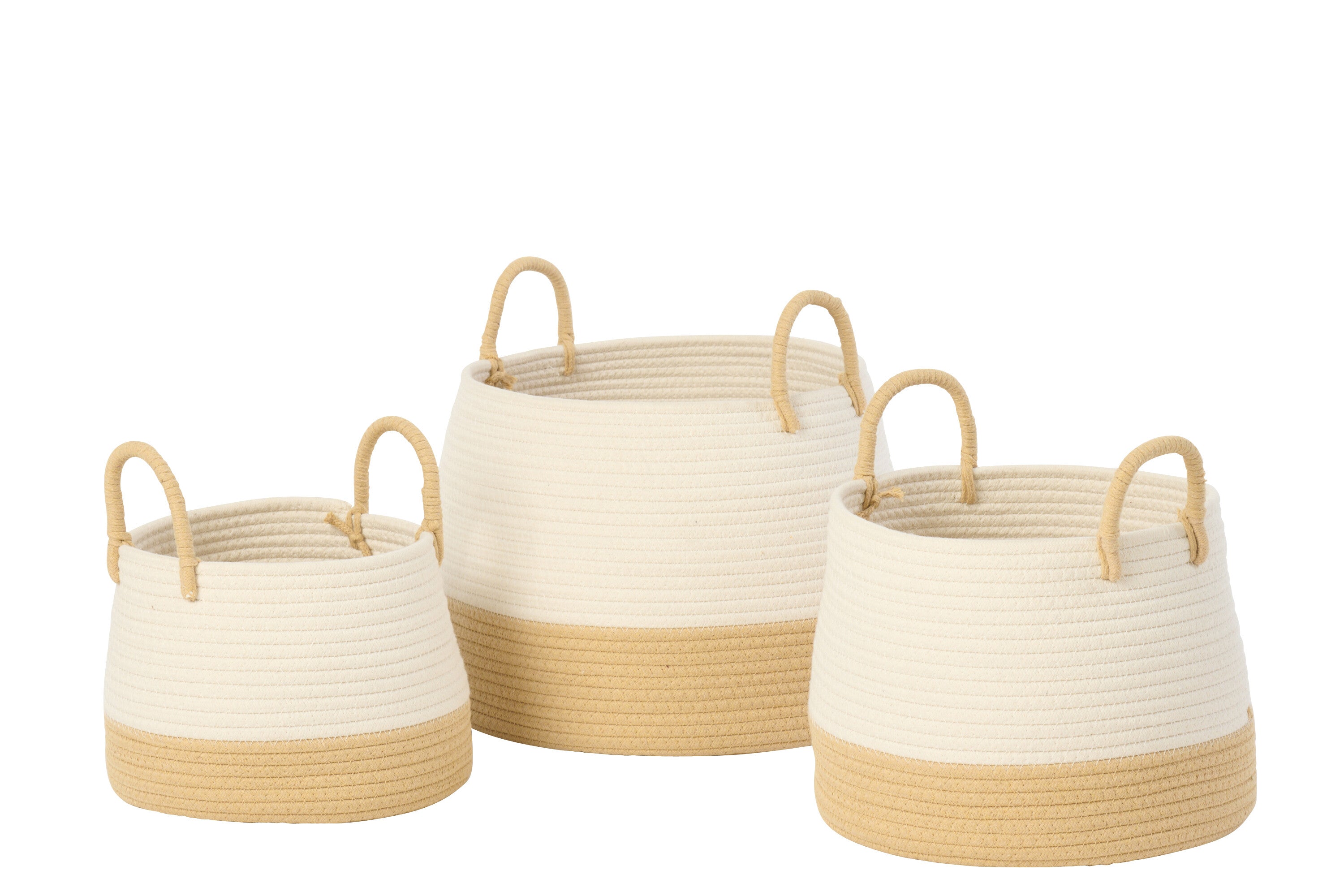 J-Line mand met handvat Rond - polyester - naturel/wit - set van 3