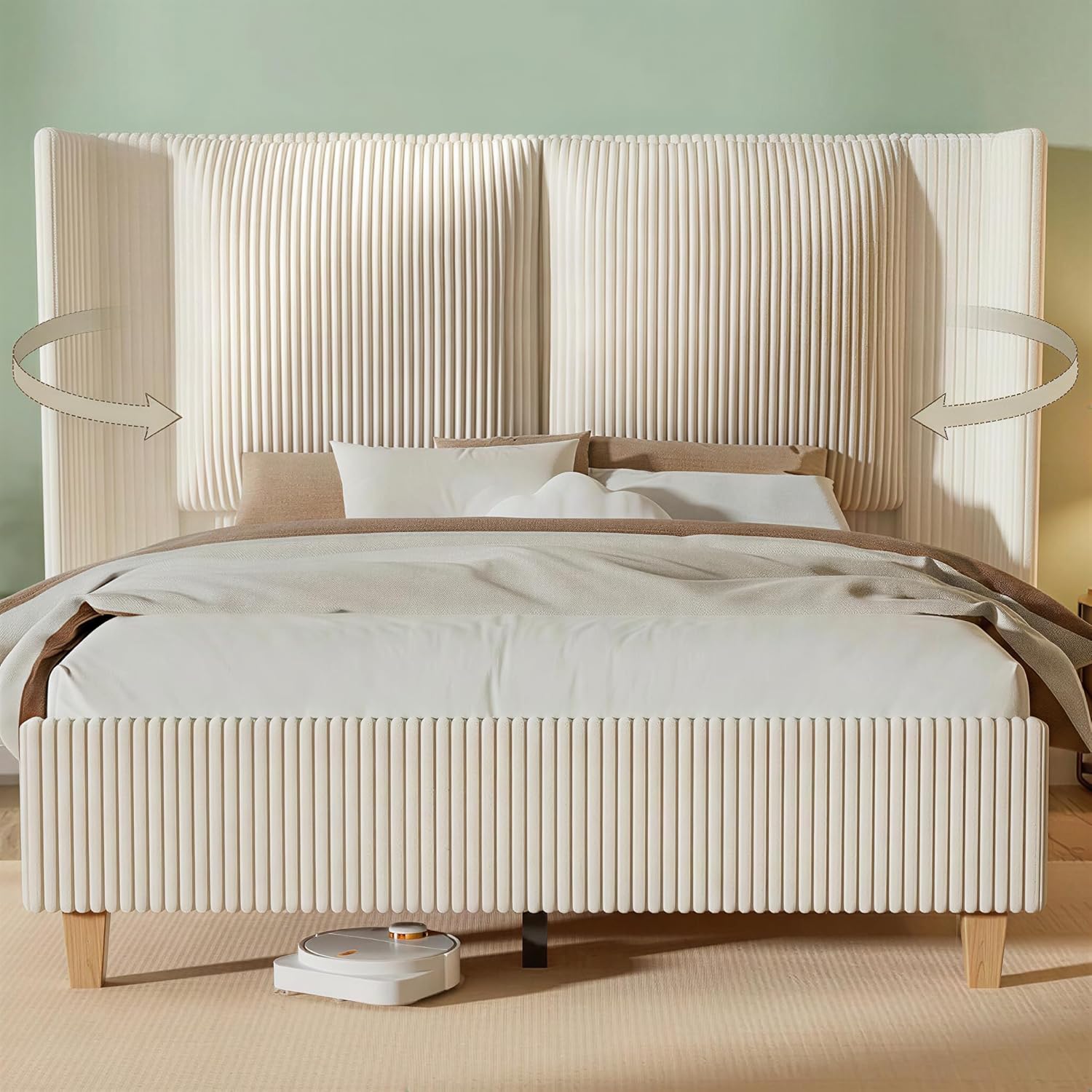Full Upholstered Bed Frame with 51 Tall Headboard & Widened Corduroy Cushion, Easy Assembly, No Box Spring Needed, Cream