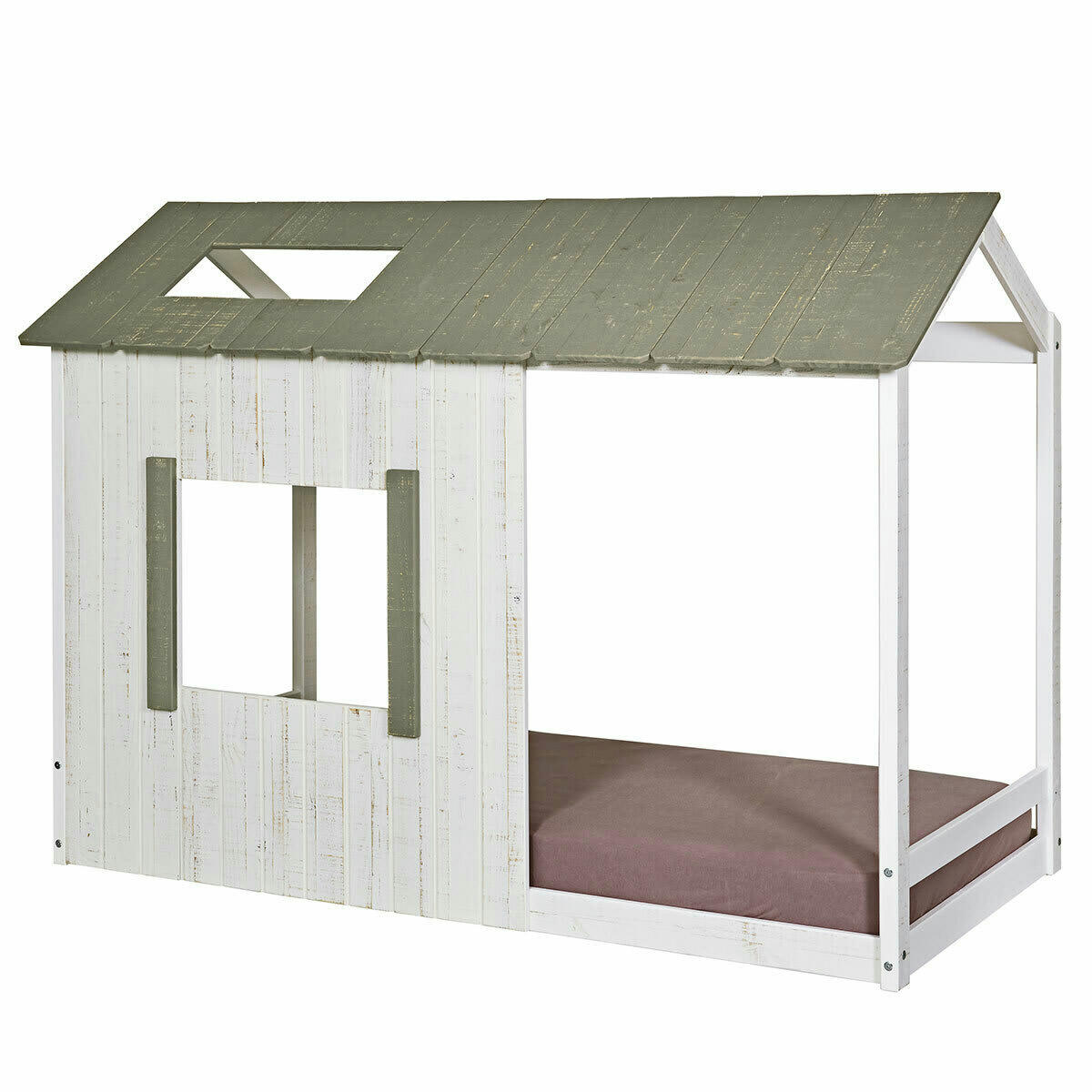 KOH - Lit cabane 90x190 cm bois massif blanc et gris anthracite