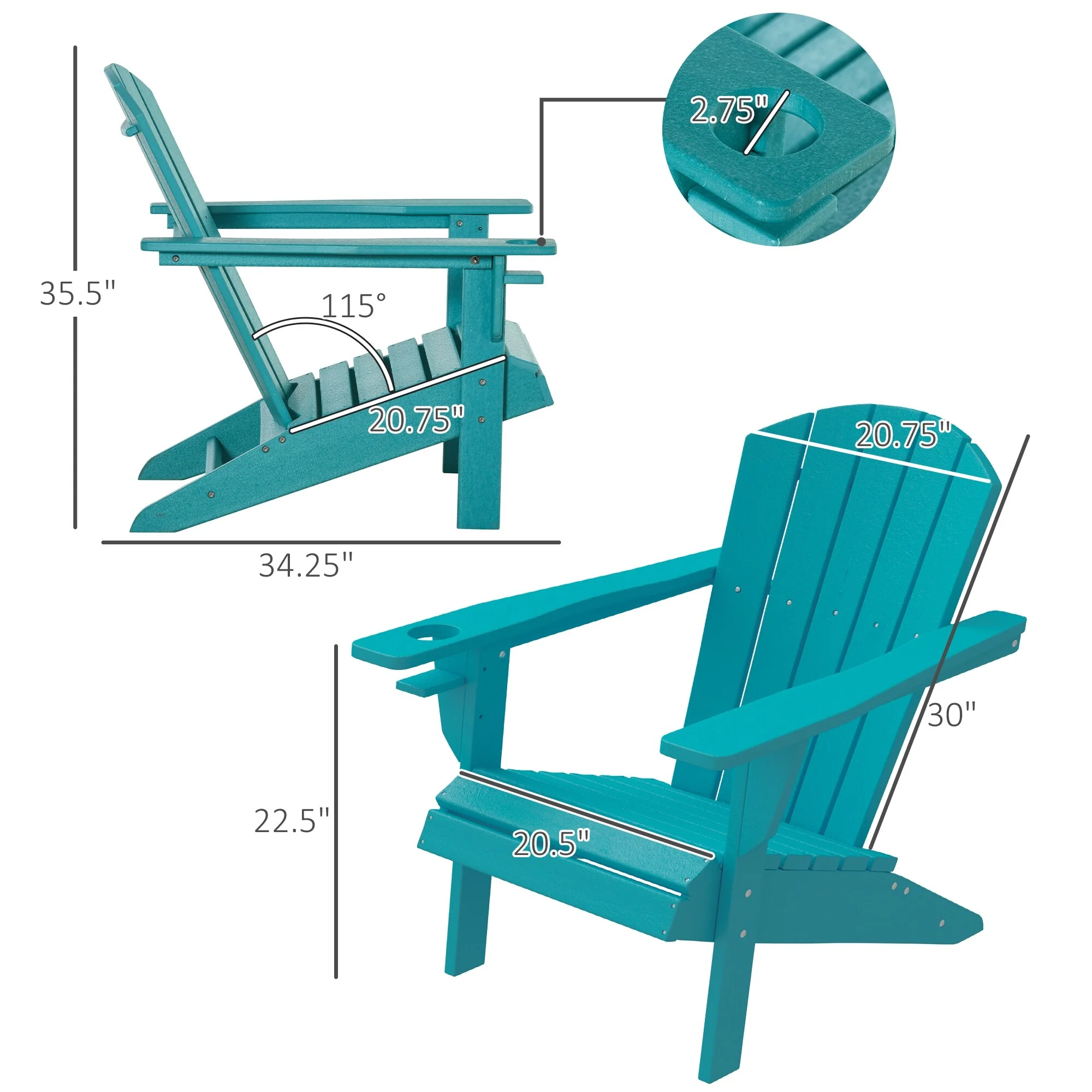 Hdpe All-Weather Outdoor Adirondack Chair With Cup Holder, Fire Pit Chair For Backyard, Deck, Lawn, Garden