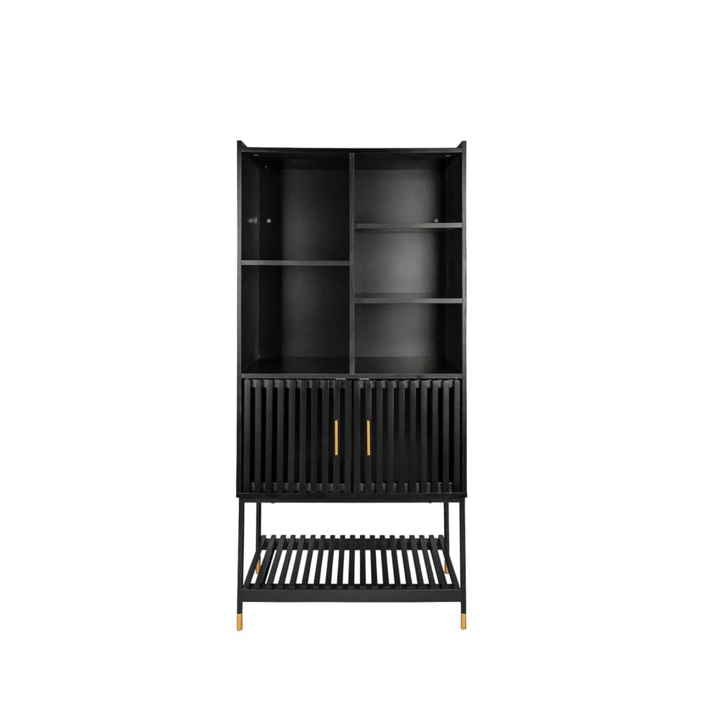 MARVE - Bibliothèque 5 étagères 2 portes en bois noir