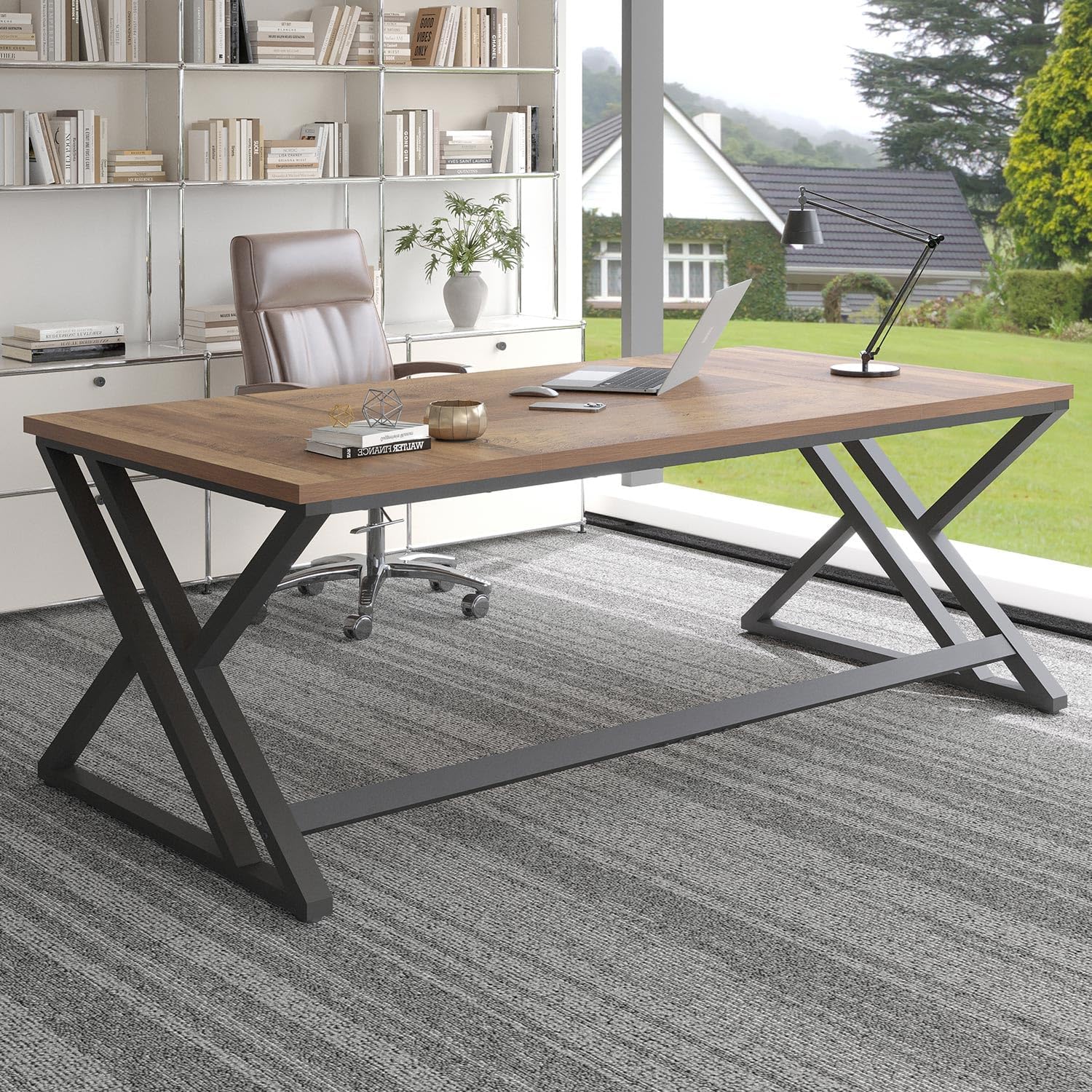 LVB Rustic Large Computer Desk, Extra Long Industrial Home Office Desk, Wood Pc Writing Work Study Computer Table Desk, Farmhouse Workstation Gaming Executive Desk for 2 Person, Rustic Oak, 78.7 Inch