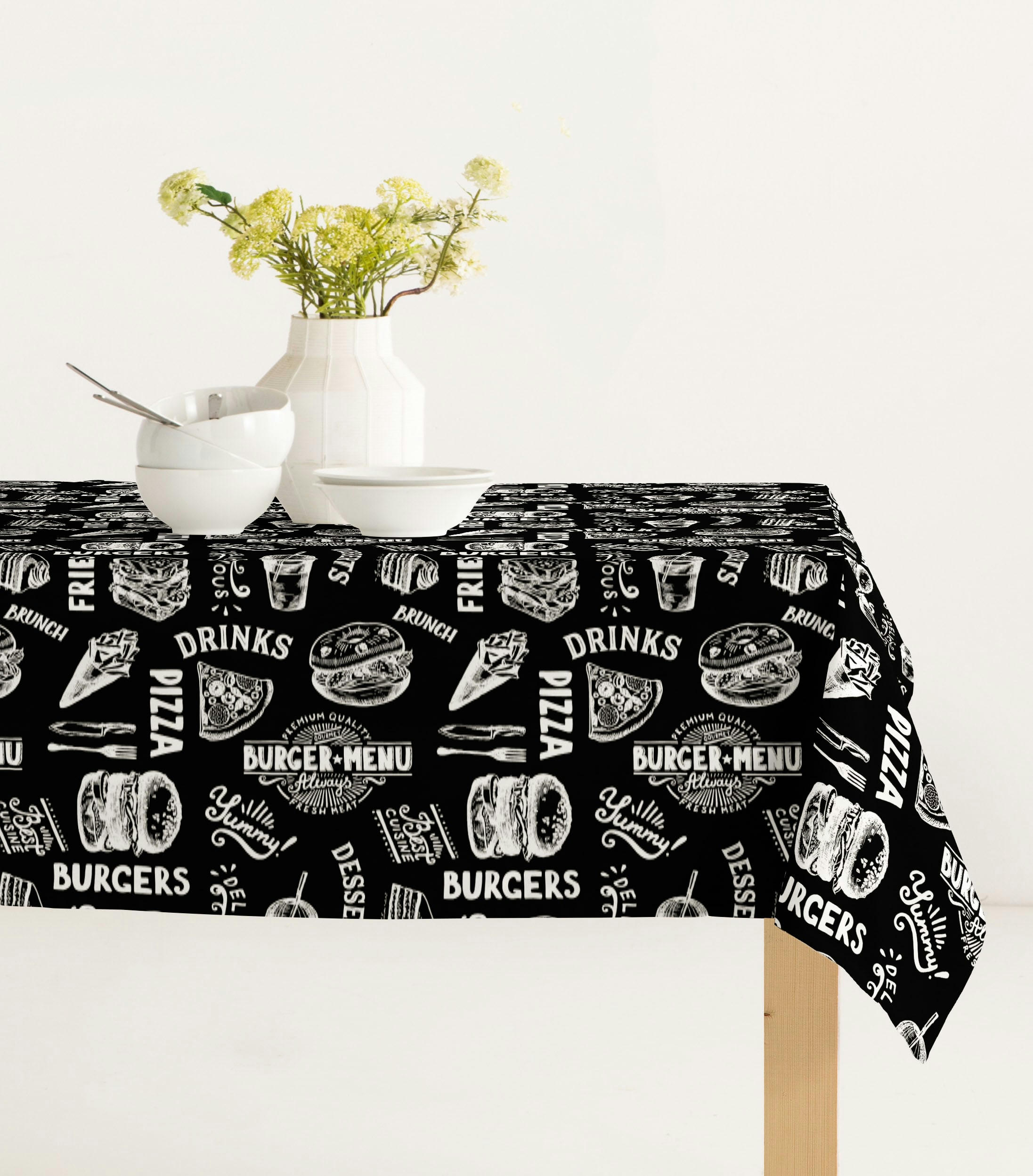 BRUNCH NEGRO - Nappe imprimée noir avec traitement anti-taches en coton 140x300 cm