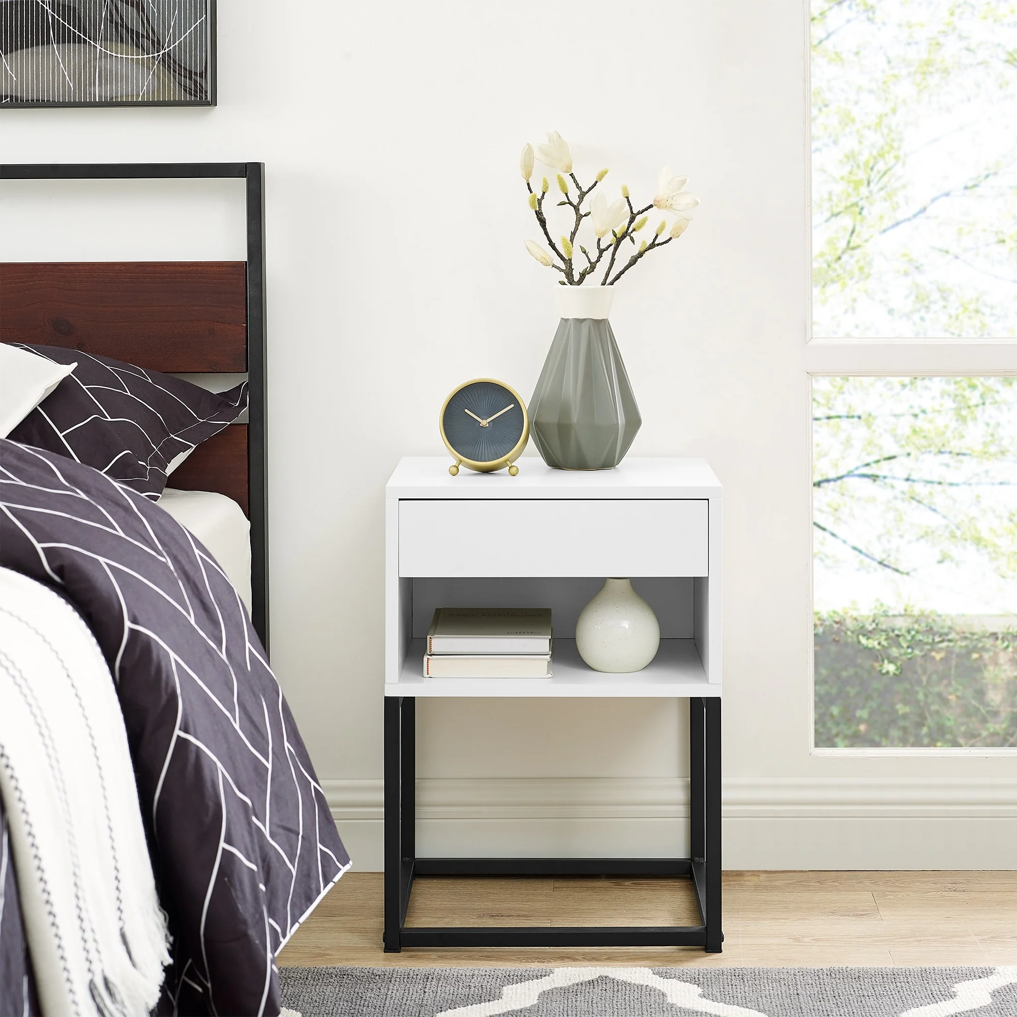 MUSEHOMEINC Simple End Table with Drawer and Shelf for Any Room,Nightstand,Metal Leg Design