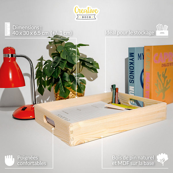 Creative Deco Caisse Bois de Rangement - 40 x 30 x 6,5 cm ( /-1 cm) - Boîte avec Poignées pour Cuisine, Bureau Organisation Maison