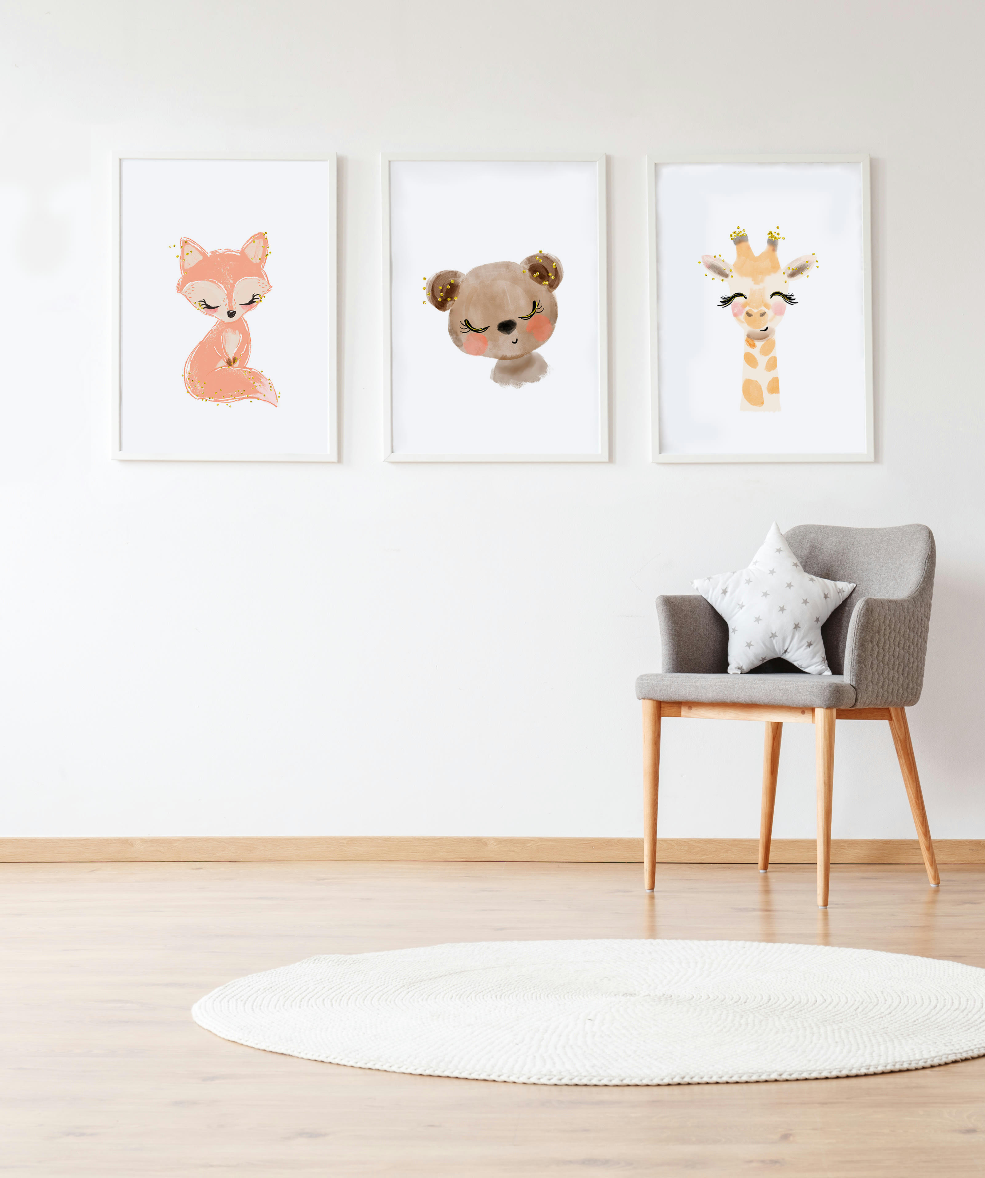 DECOWALL - Pack encadré bois blanc impression le renard et giraffe ours 43X33 cm