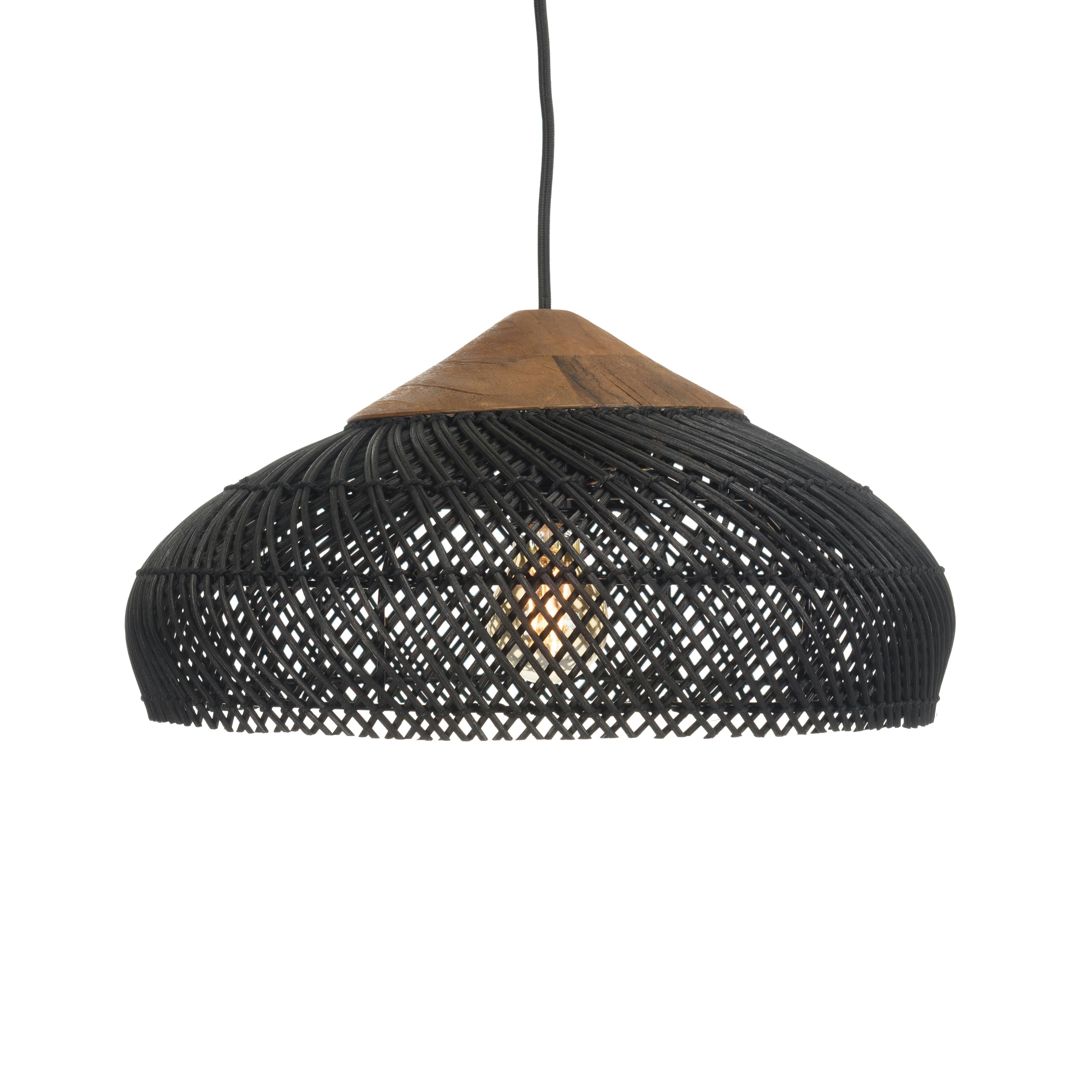 Suspension 40x40cm en rotin couleur noire et teck recyclé FOLELLI
