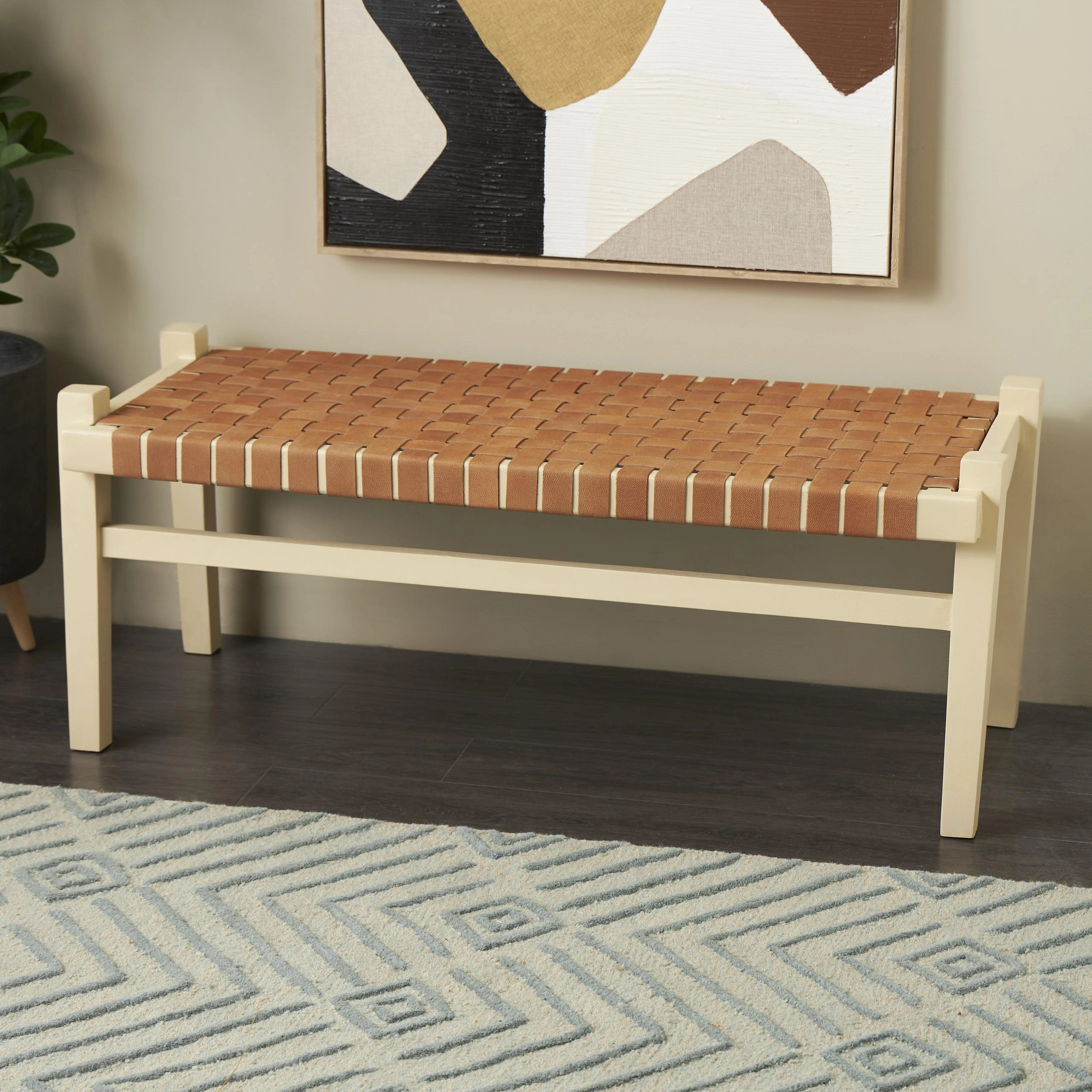Leather Handmade Woven Seat Home Bench with Beige Wood Base - Brown or Dark Brown - Roche River Decor
