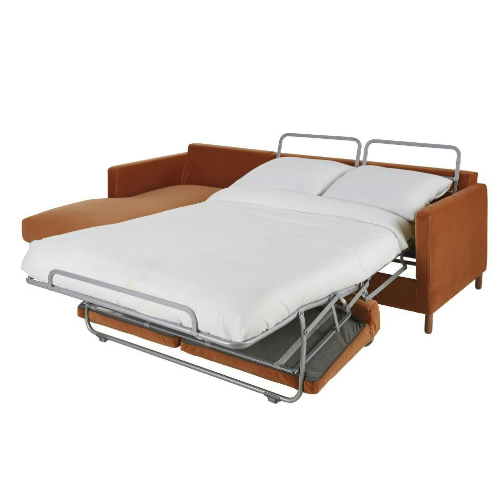 Julian - Canapé d'angle gauche convertible 5 places en velours orange, matelas 14 cm