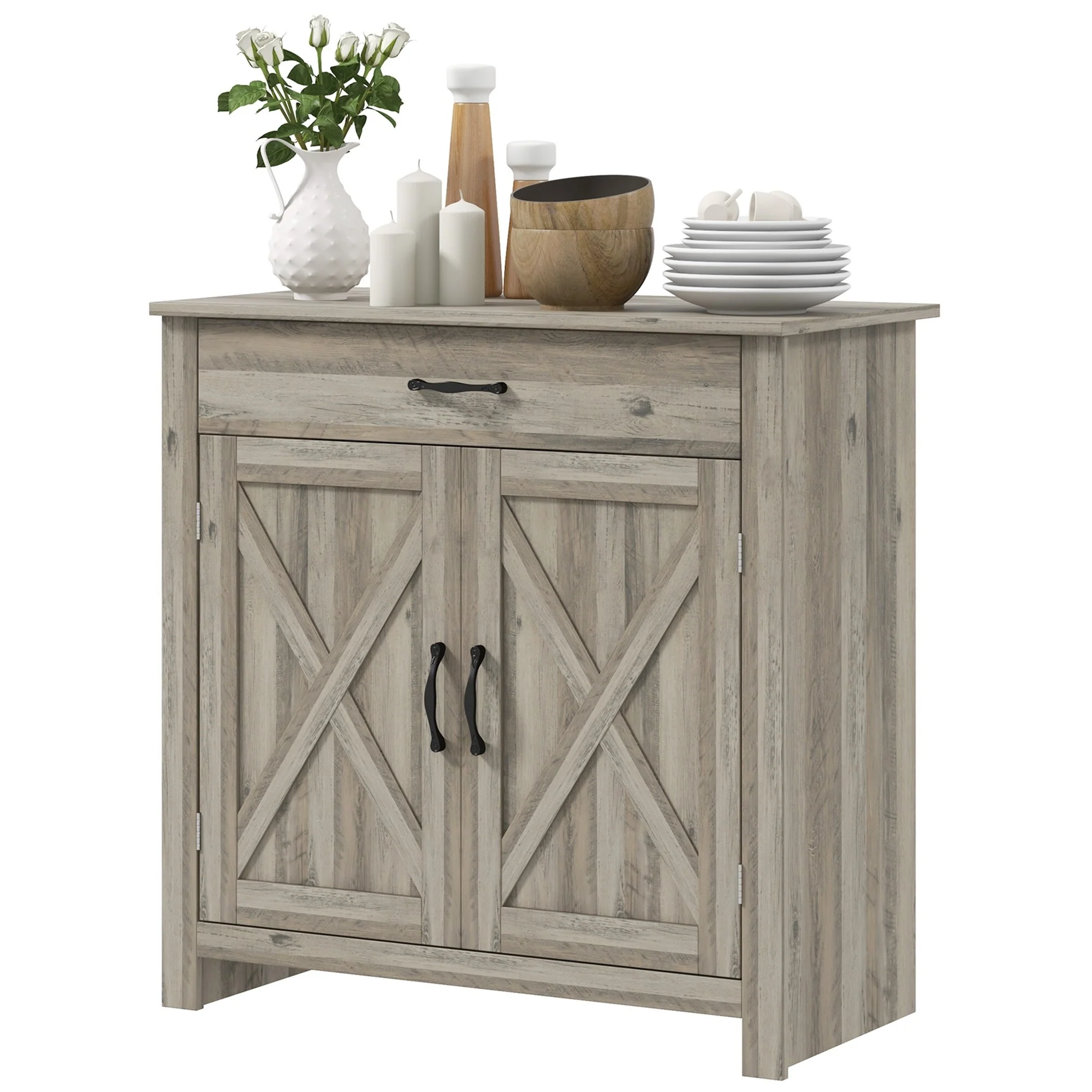 Farmhouse Buffet Cabinet with Barn Door, Drawer and Adjustable Shelf for Living Room, Entryway