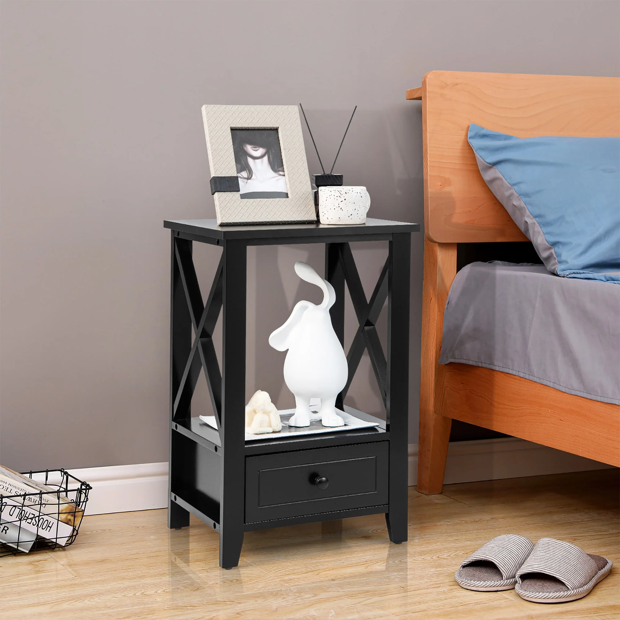 Costway Modern Nightstand with Bottom Drawer Storage Shelf Small Side