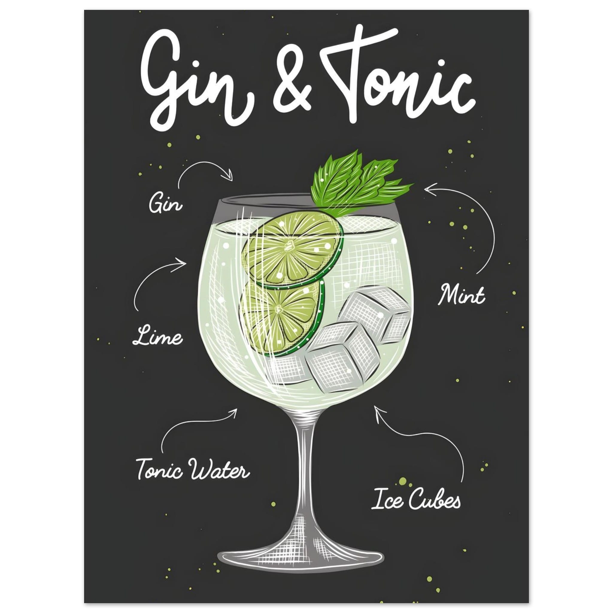 Artfulprints Gin Tonic cocktail – Illustratie  poster 30x40 cm