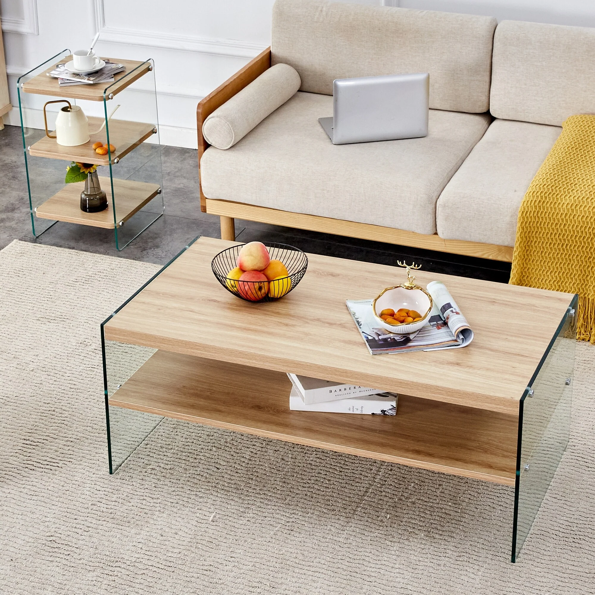 Three-tier side table and bunk coffee table set with wood stickers and clear tempered glass on both sides