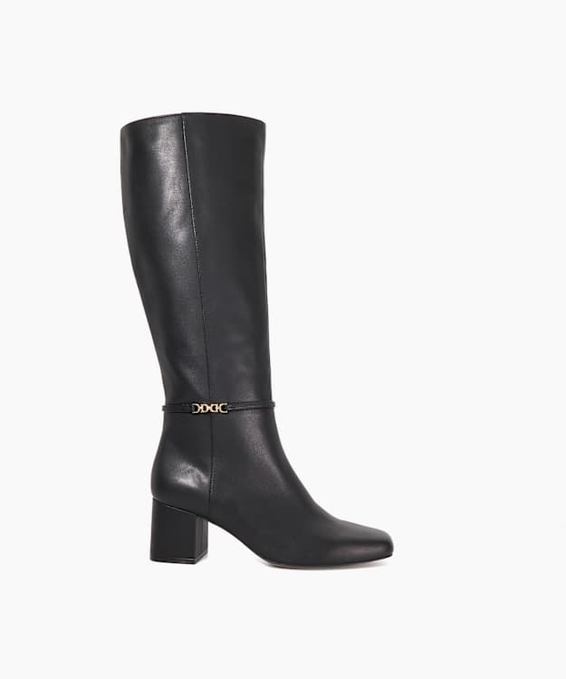 Sanna Black - Snaffle Trim Knee Wide Fit Block Heeled Boots