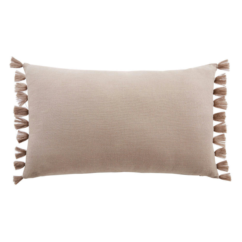 HOJA - Coussin garni beige imprimé blanc à pompons 30x50