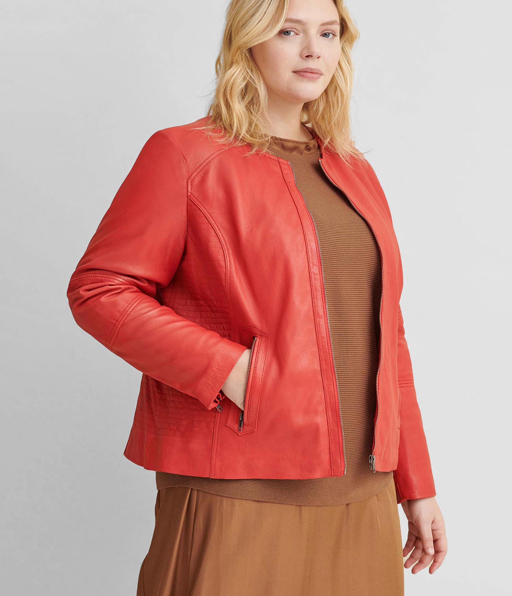 Plus Size Leather Jacket With Side Stitching