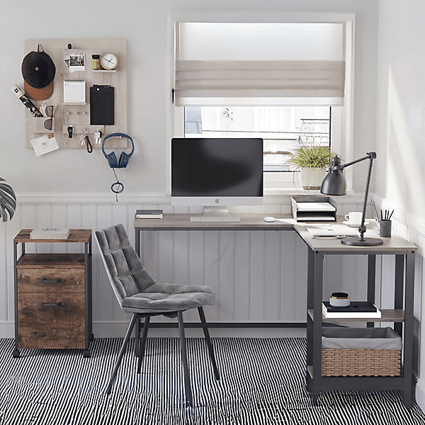 Bureau d'angle droit avec étagère 2 niveaux style industriel