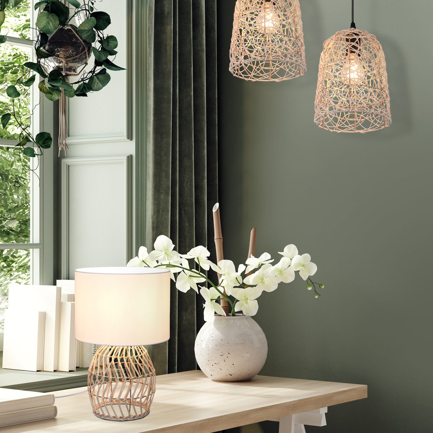 Lampada da tavolo rattan Rike bianco Trio