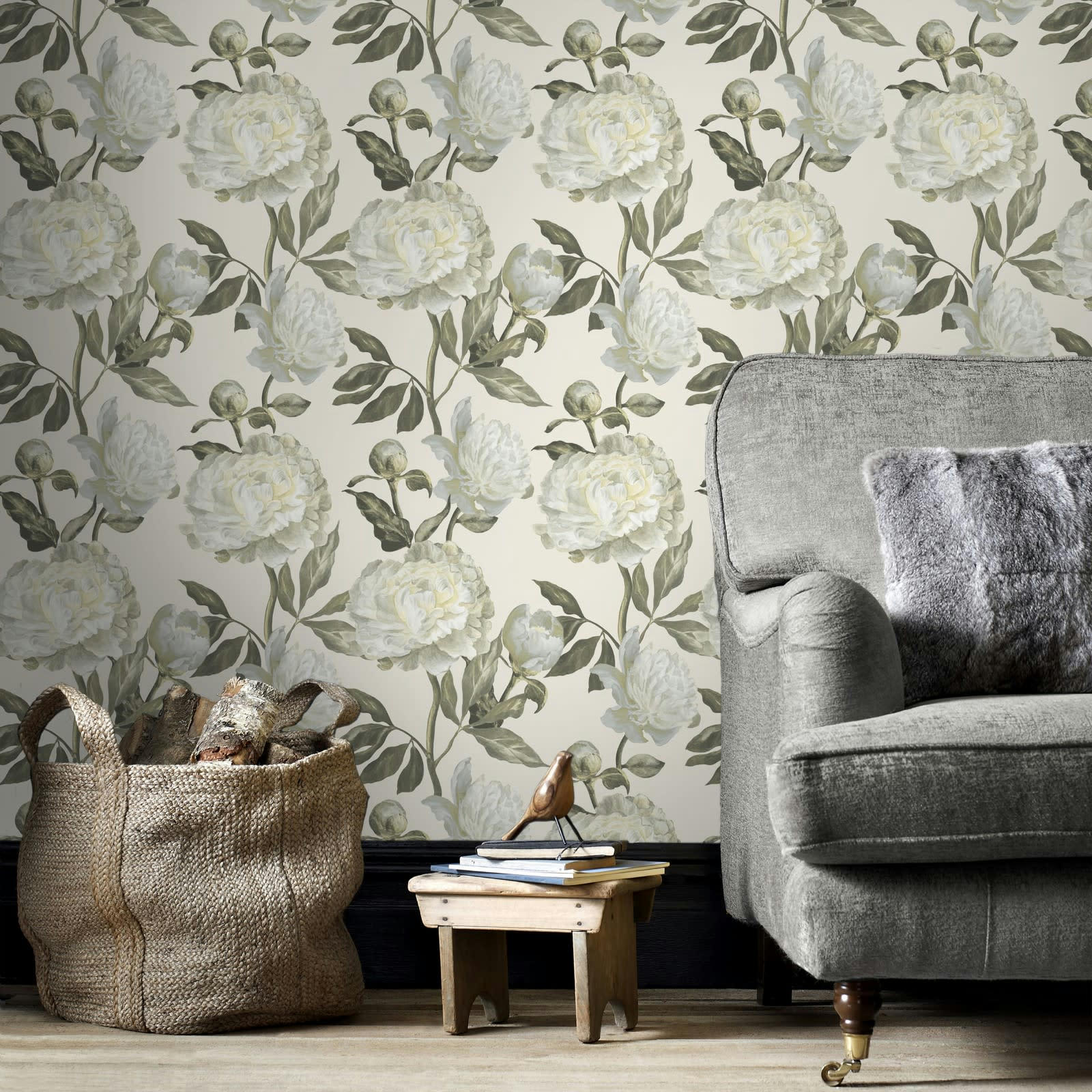 - papier peint fleurs vintage peony naturel 1005x52cm