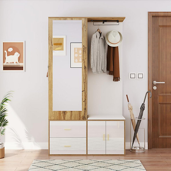 Garderobenset blanc et bois avec miroir, banc à chaussures, tringle extensible et patères