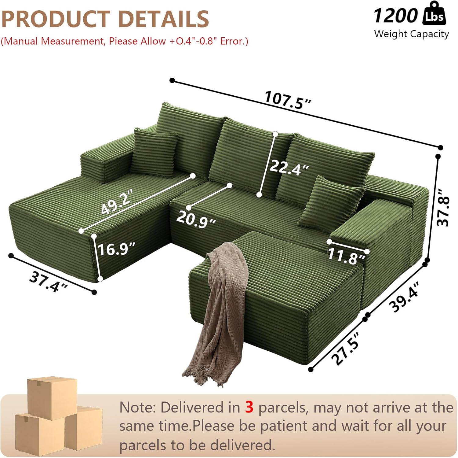 107 Modular Sectional Sofa with Ottoman, Modern Corduroy Cloud Couch with Deep Seat, Boneless Couch Upholstered 3-Seater U-Shaped Sofa for Living Room, No Assembly (Green, Left-Facing Chaise)