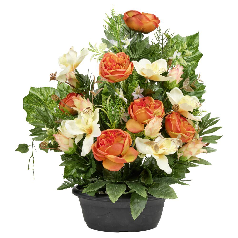 Composition florale pivoine orchidée lotus lierre pot ovale 54x10xH62&nbsp;cm (3 modèles)