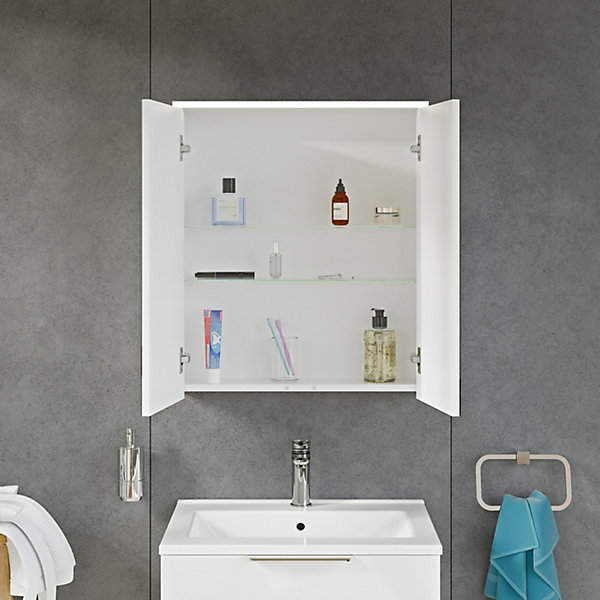 Armoire de toilette suspendue Blanc mat 60x18x70cm (LxPxH) 2 portes miroir, éclairage LED, tablettes en verre - SOLO