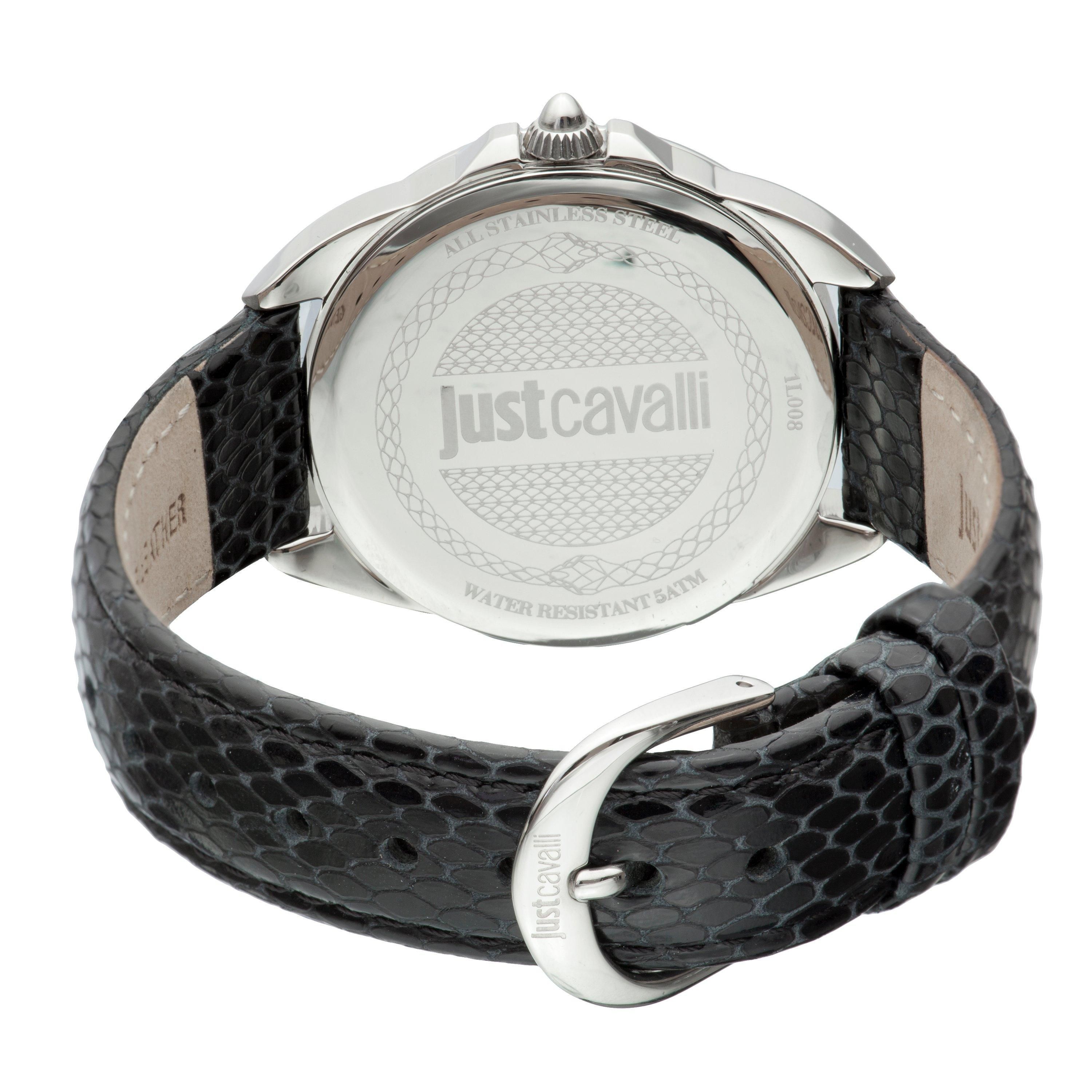 Just Cavalli Logo Silver Dial Calfskin Leather Watch