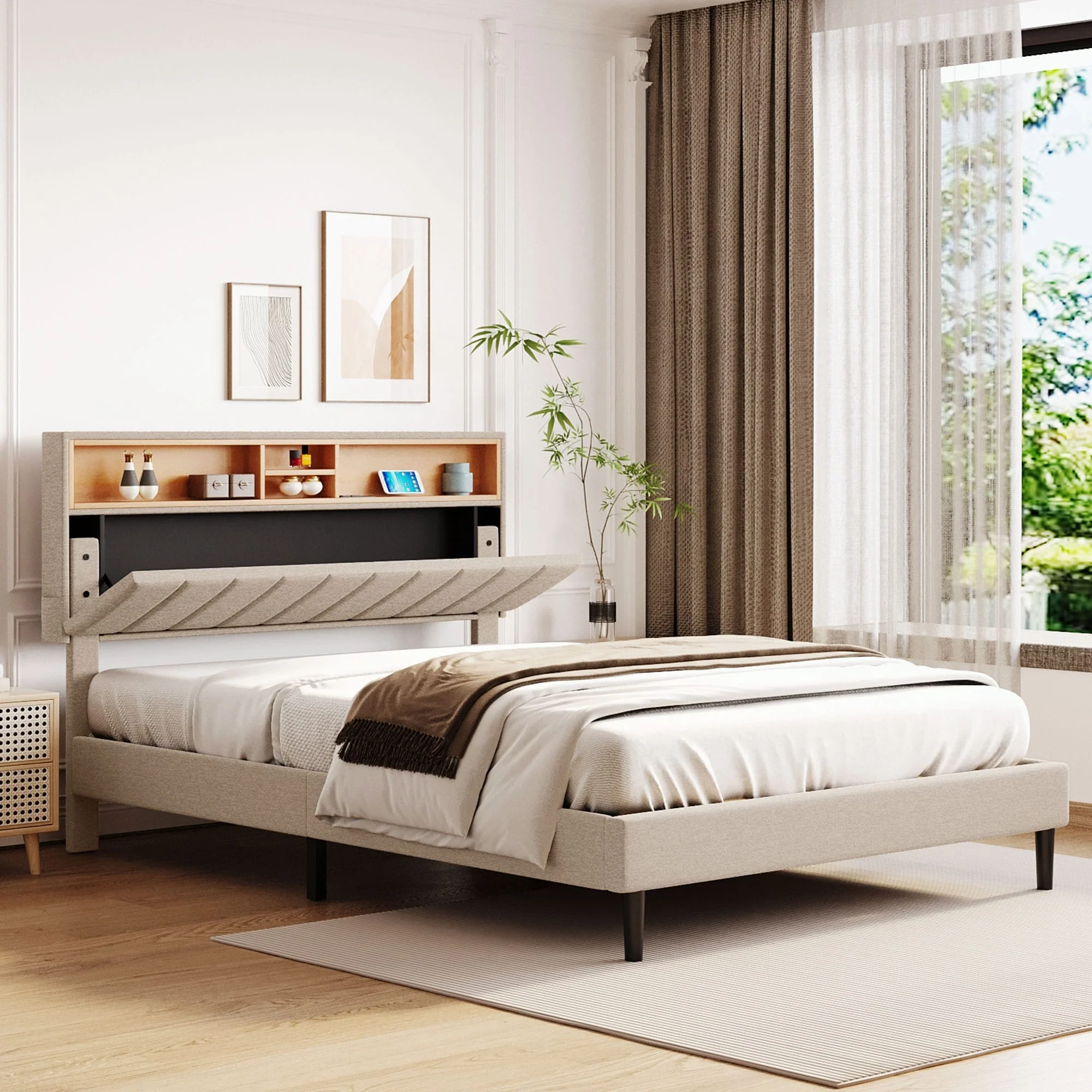Queen Size Platform Bed with Storage Headboard and USB Port