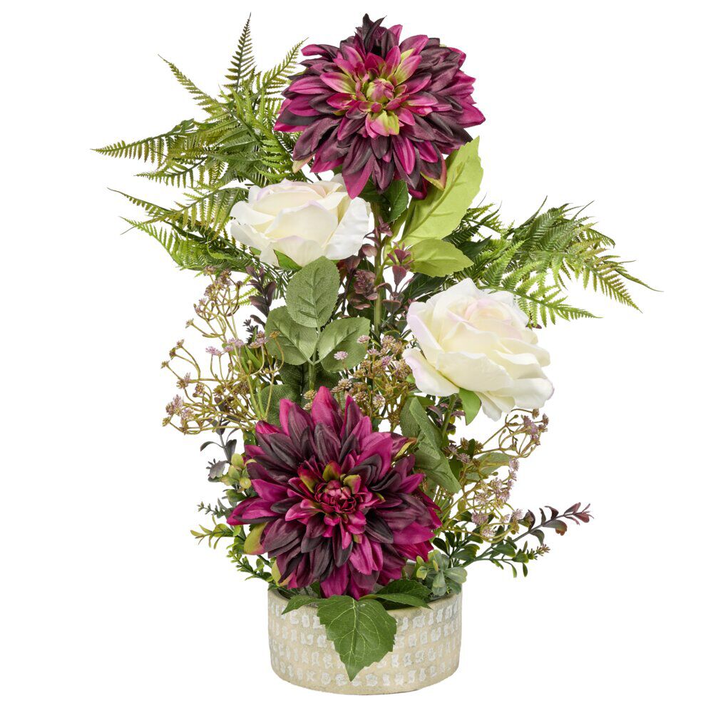 Vasque ciment dahlias roses fougères mini buis Ø38xH55cm (4 modèles)