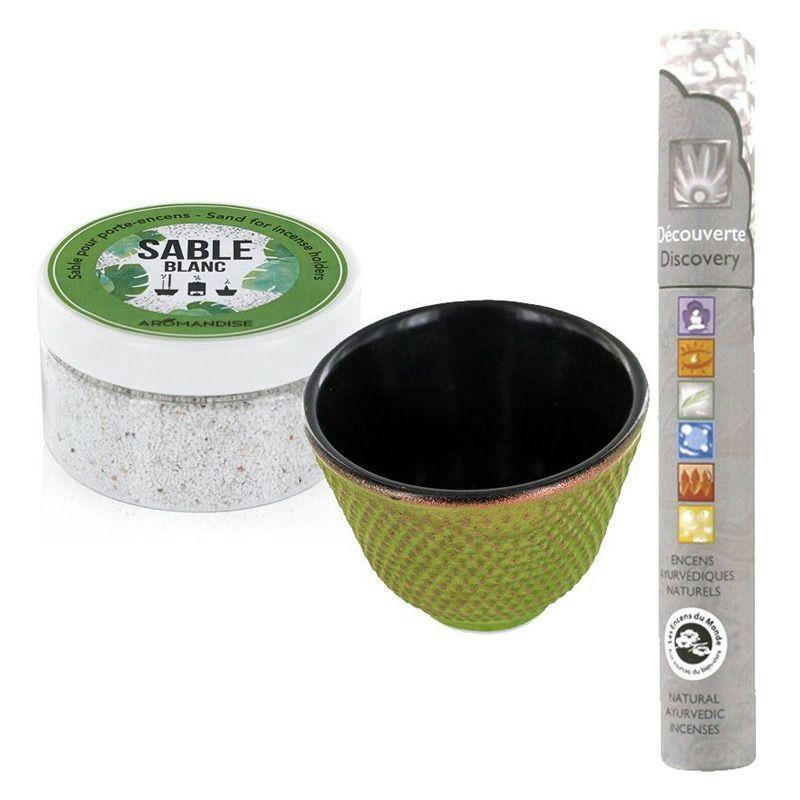 ZEN - Porte-encens coupelle fonte verte et sable blanc + encens ayurvédique