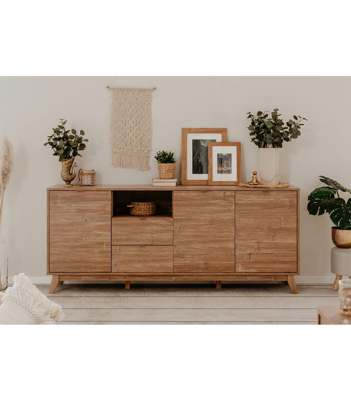 BUDAPEST - Buffet 3 portes, 2 tiroirs et 1 niche effet bois - L198 x H83 cm