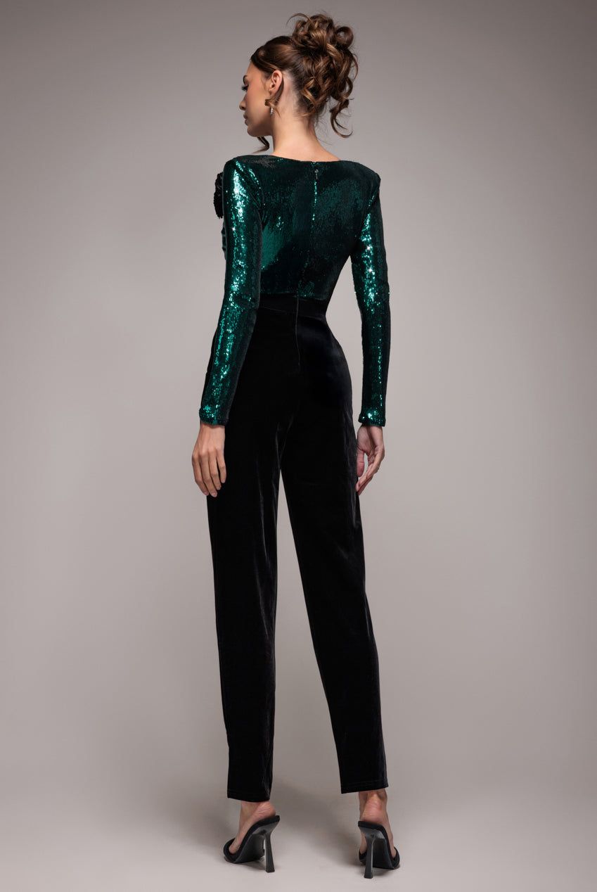 Goddiva Liquid Sequin Jumpsuit With Corsage