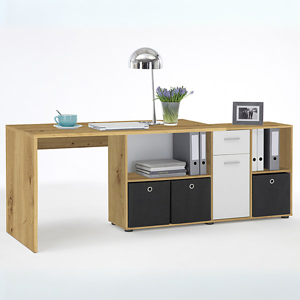 Bureau d'Angle Modulable avec Caisson, Tiroir et étagères de Rangements - Lex