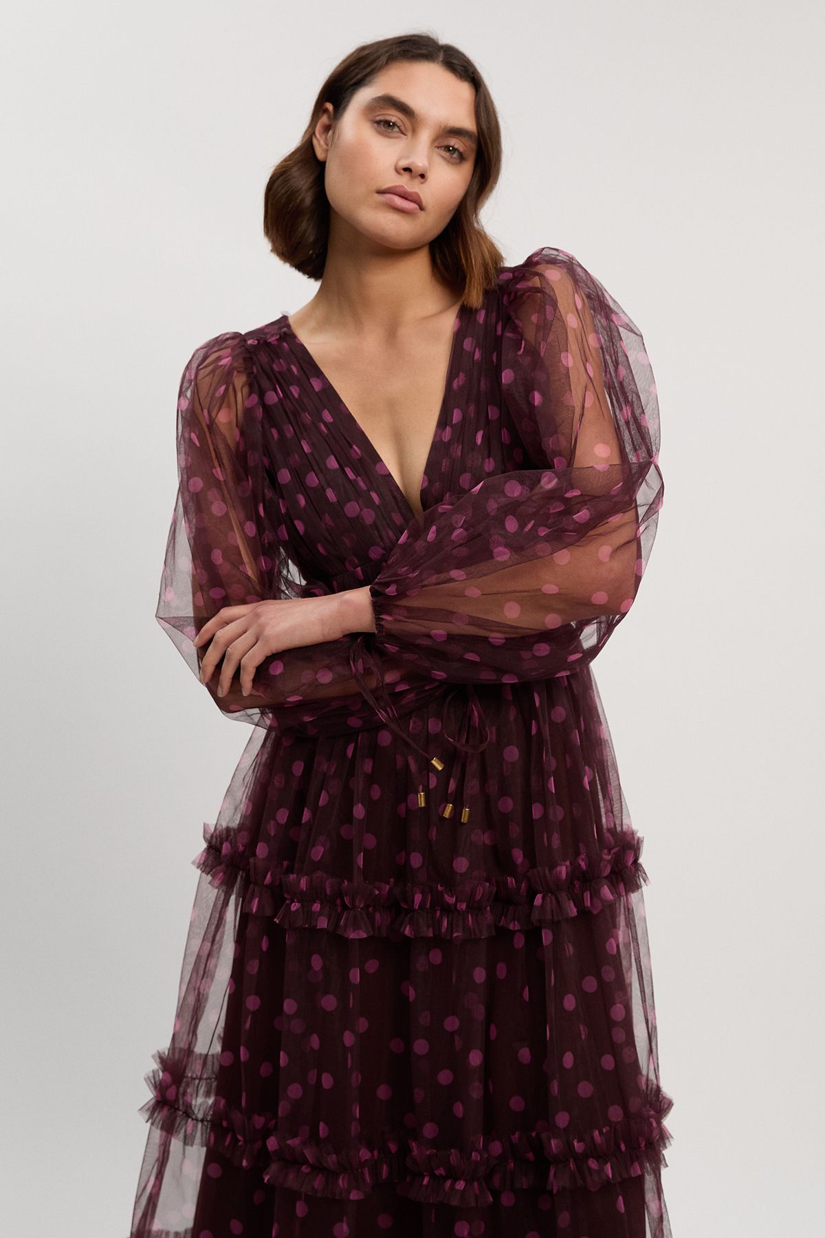 KarenMillen Polka Dot Tulle Plunge Balloon Sleeve Maxi Dress