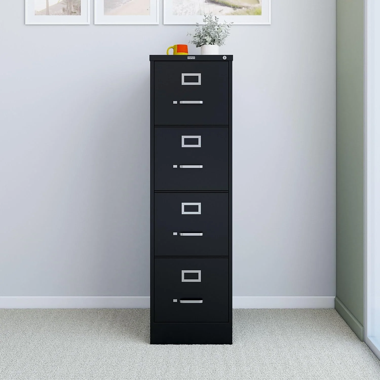 STAPLES 4-Drawer File Cabinet, Lockable, Black, 25"D x 15"W