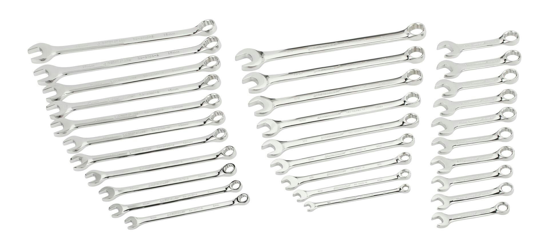 Mastercraft Combination Wrench Set, 30-pc, Stubby/Standard Sizes, SAE/Metric, Nickel-Chrome Plating
