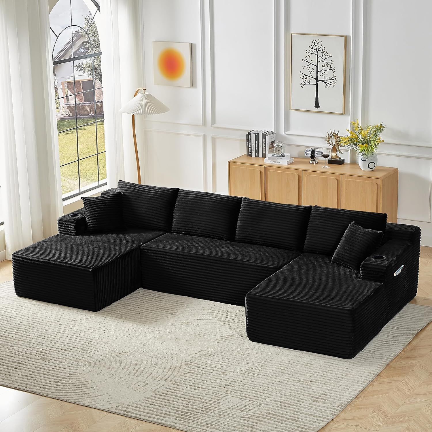 GNIXUU 133.5 Oversized U Shaped Black Boneless Sectional Couch with Cup Holders, Modular Sectional Cloud Sofa with Storage Pocket, Deep Seat Plush Corduroy Couches for Living Room, No Assembly! | easy to move around, 2 extra pillows, modular design