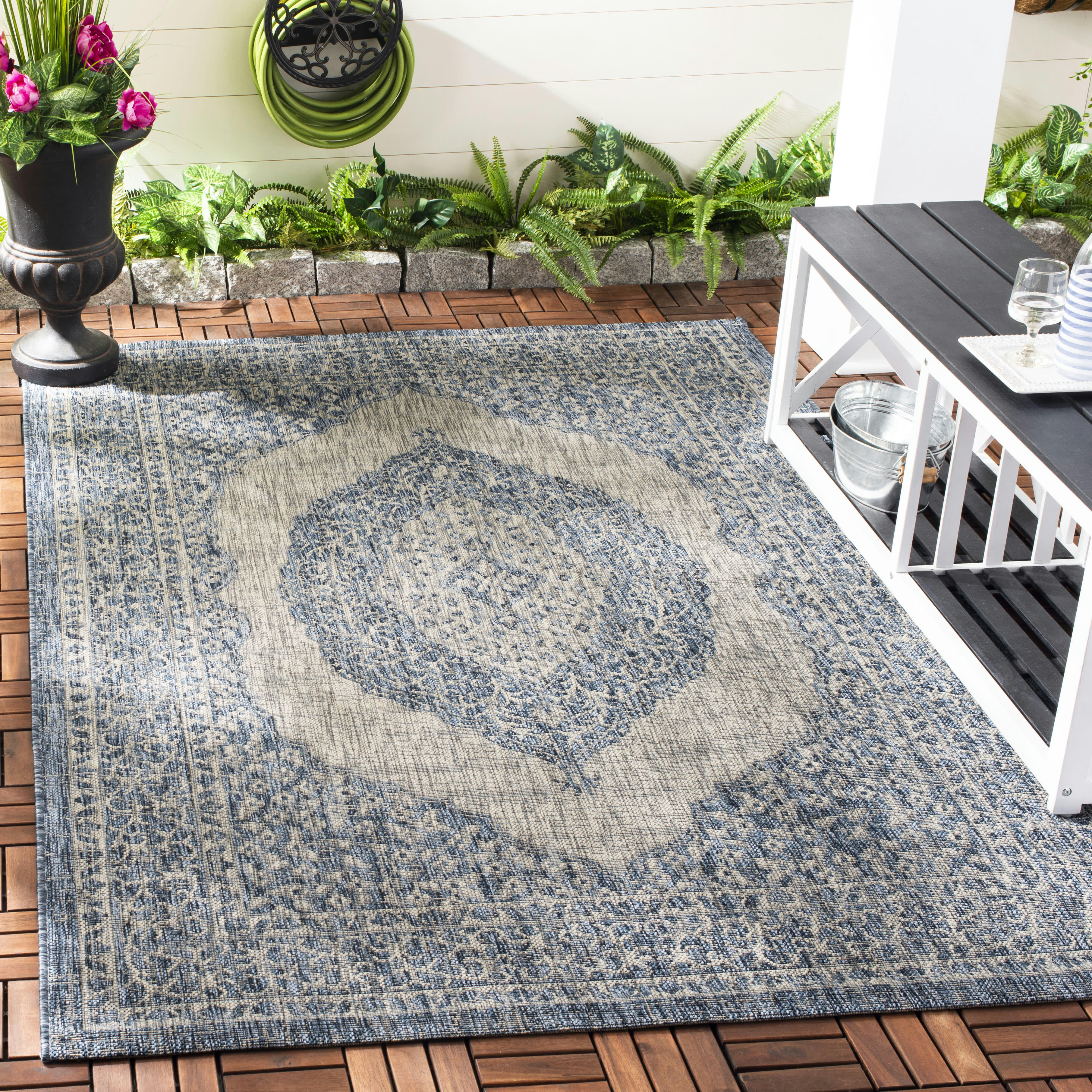 COURTYARD - Tapis interieur & exterieur en gris clair & bleu, 201 x 290 cm
