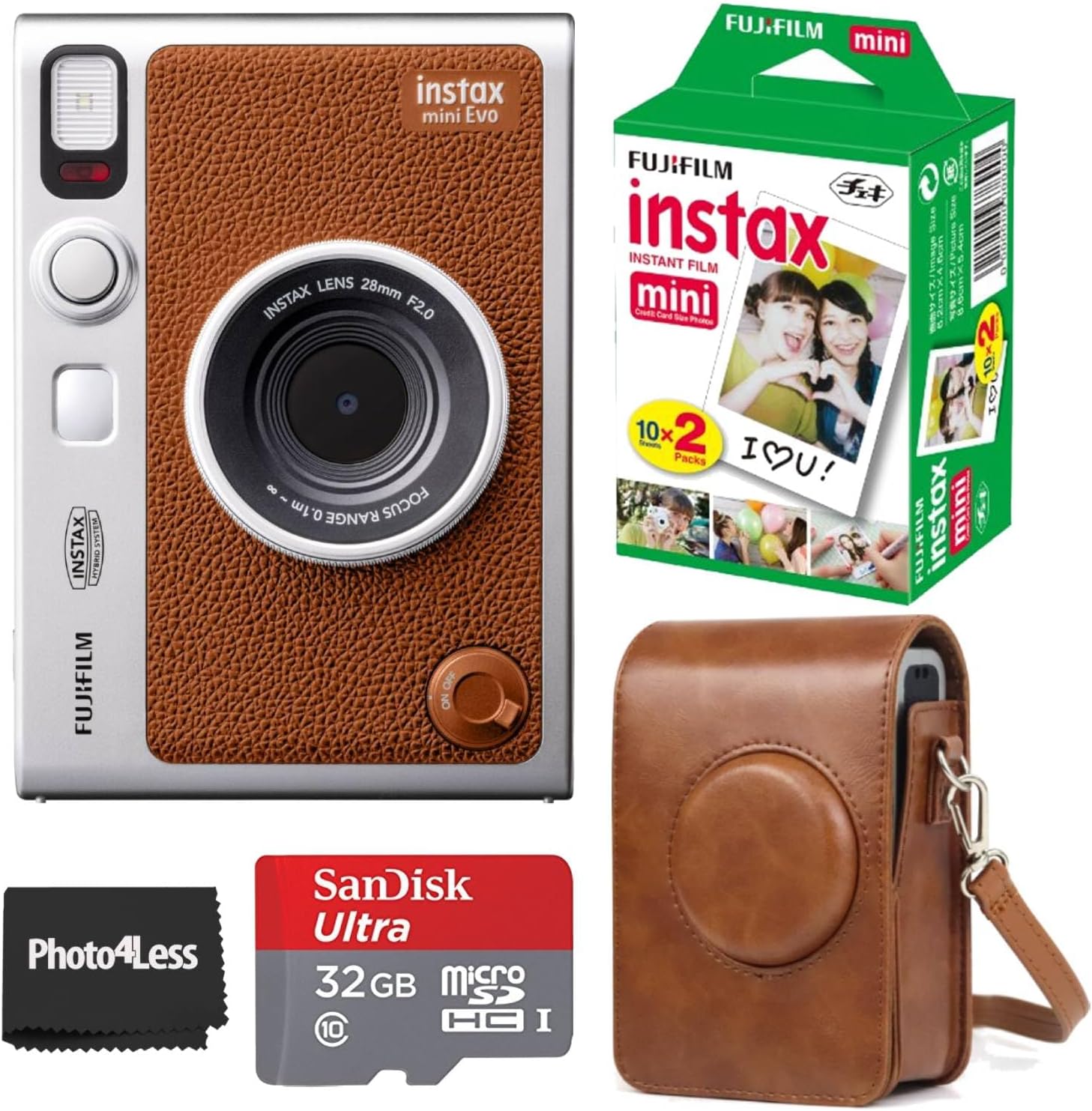 Fujifilm Instax Mini EVO Hybrid Brown Instant Camera | Instax Mini Twin Pack Instant Film | 32GB microSD Card with Adapter | Brown Camera Case