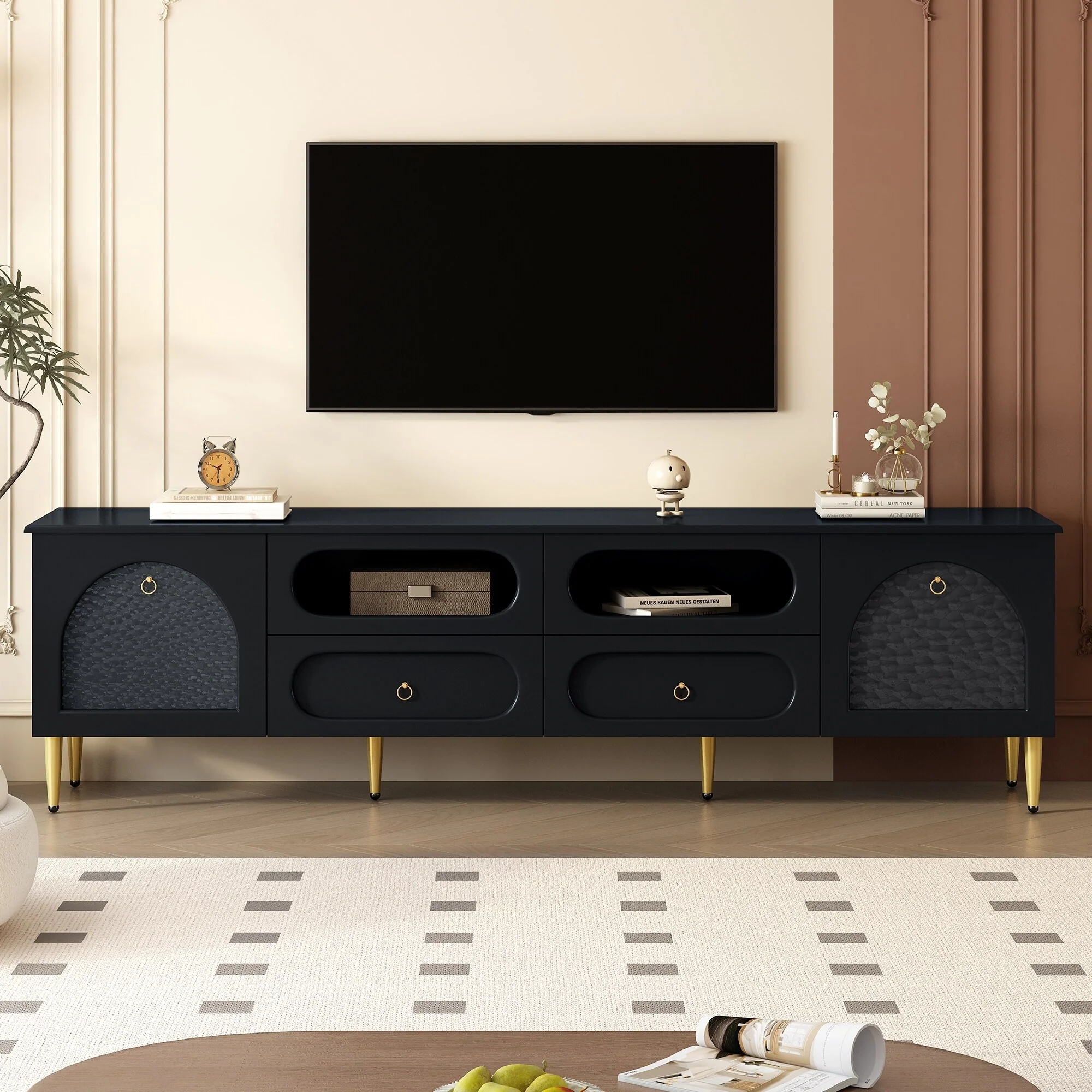 78.8 Exquisite TV Cabinet Wood TV Stand with Metal Legs, Media Console Cabinet with 2 Cabinets, 4 Drawers for Up to 85''