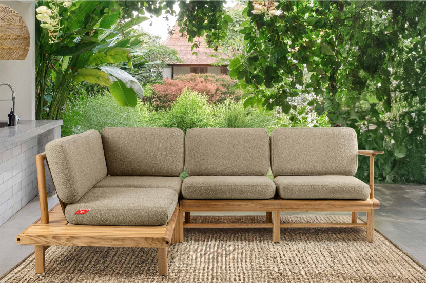 KONSIMO ATREDA Sofa narożnikowa lewa do ogrodu, beżowa, Japandi 230 cm
