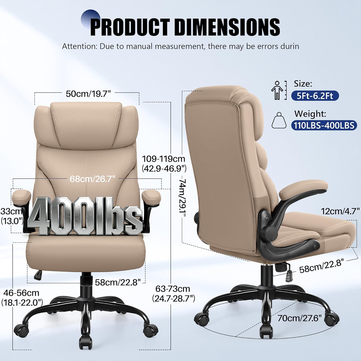 Primy Office Chair, Ergonomic Leather Desk Chair with Flip-up Armrests, Big and Tall High Back Executive Computer & Gaming Chair with Footrest, Comfy Padded, Rocking Function and Lumbar Support(Khaki)
