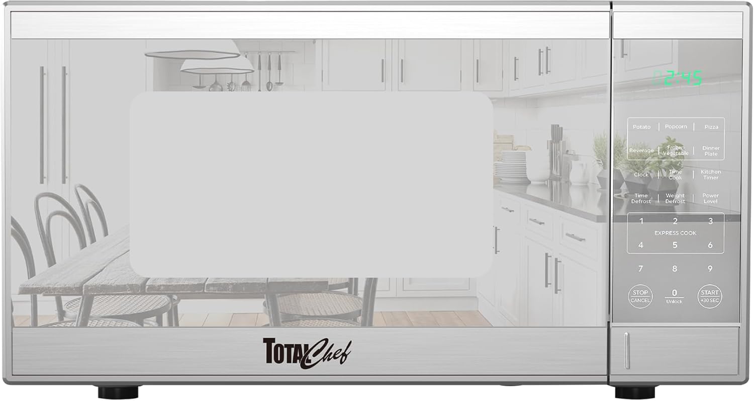 Total Chef 0.9 Cu Ft Microwave Oven – Compact Countertop Kitchen Appliance, Small Stainless Steel Microwave with Digital Touch, Pre-Set Functions, 10.6” Turntable, 900 Watt
