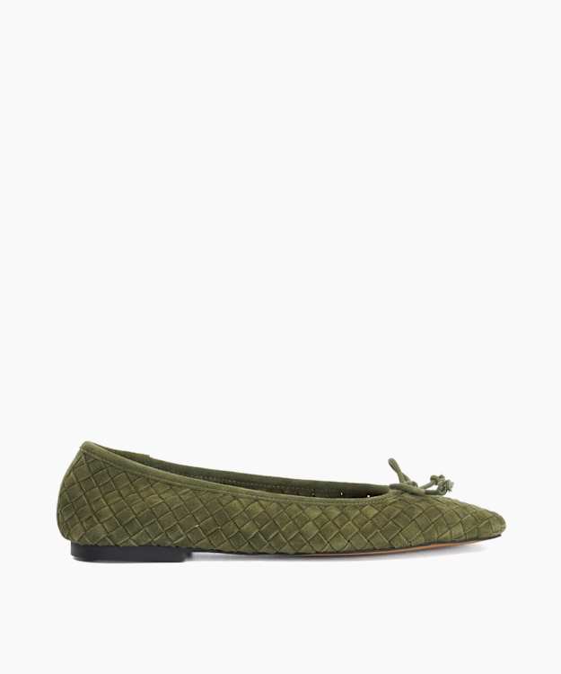 Heat Dark green suede - Woven Leather Bow Detail Ballet Pumps