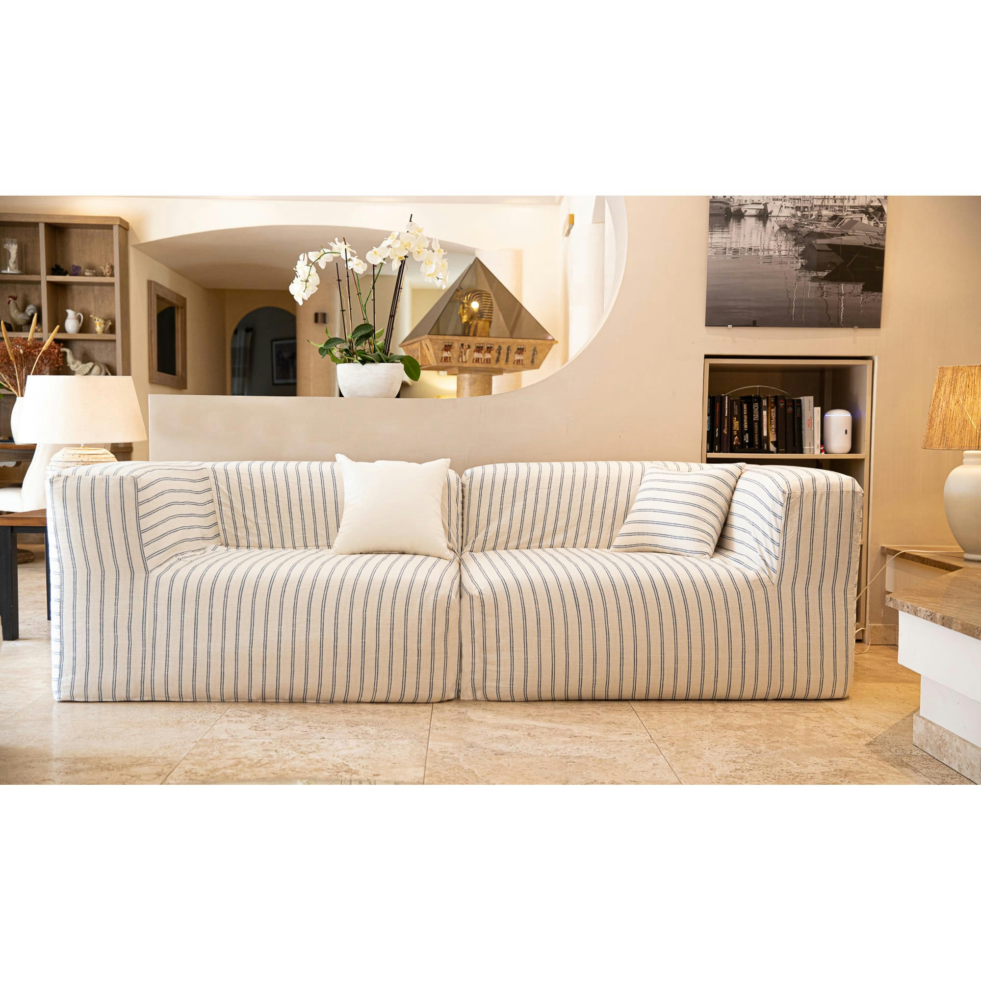 - Housse Lin rayé bleu pour canapé-Taille 3 places