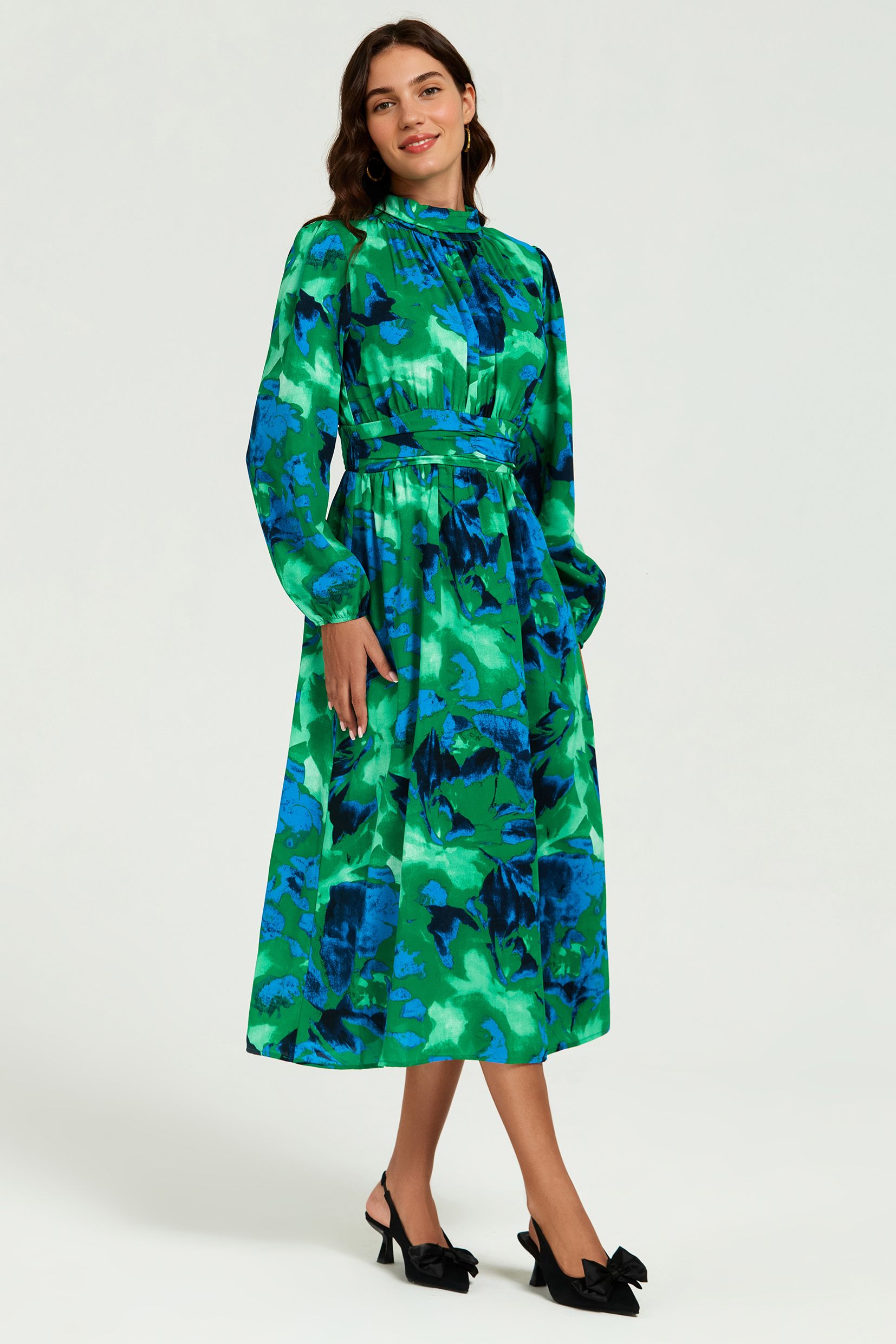 FS Collection Abstract Floral Print Long Sleeve Midi Dress In Green