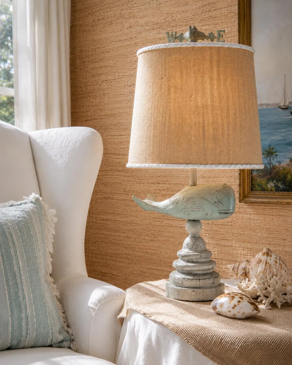 Whale Table Lamp | Coastal Nautical Decor | Distressed Aqua Whale Lamp | Burlap Shade | Weather Vane Finial | Refined Coastal