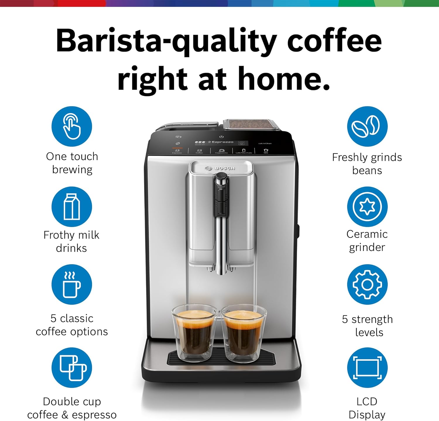Bosch 300 Series Fully Automatic Espresso and Coffee Machine – One Touch Milk Drinks, Built-In Ceramic Grinder, In-Cup Frother, Easy Clean and Descale, Silver TIU20307
