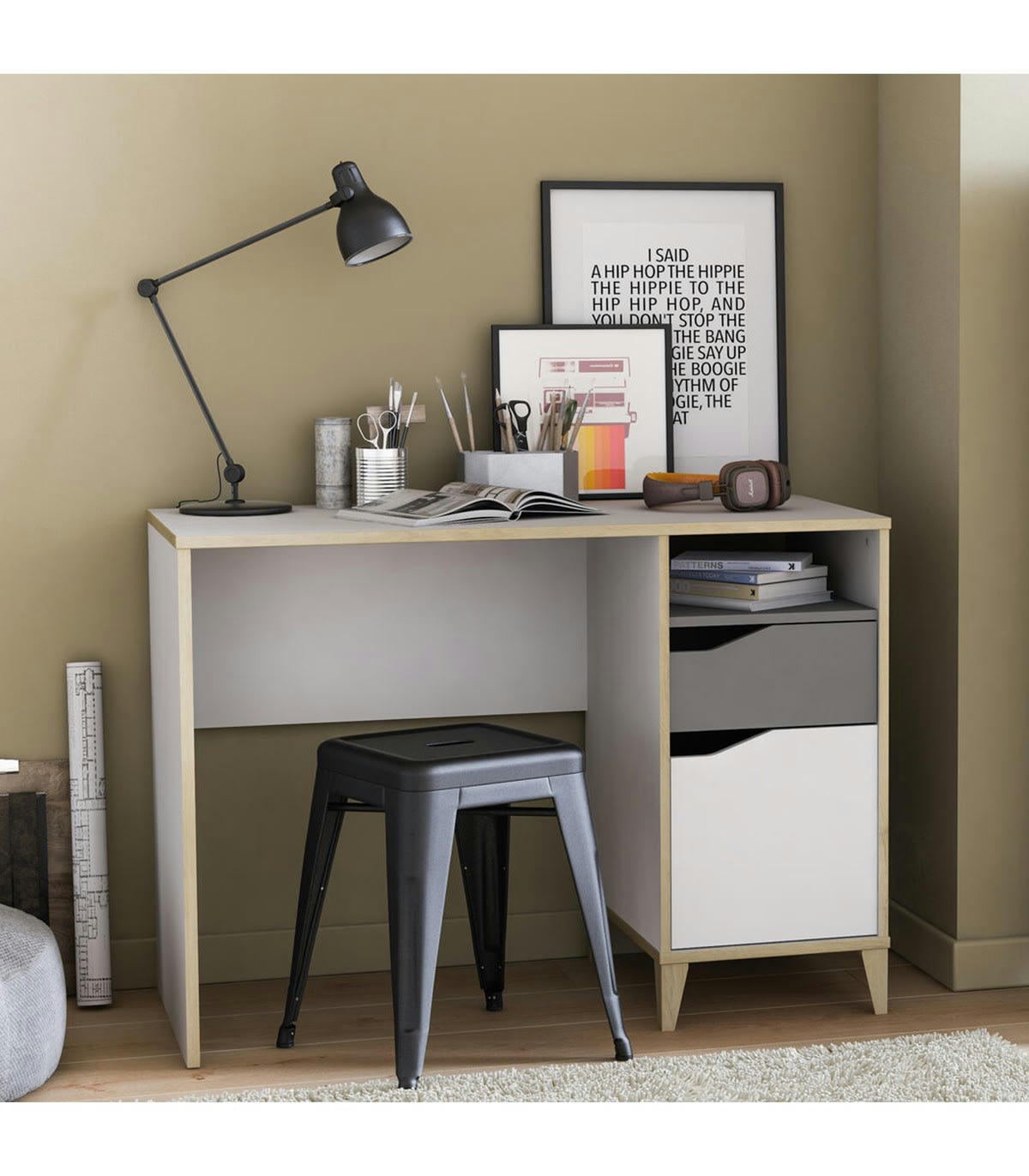GENIUS - Bureau Enfant 1 porte 1 tiroir, blanc et gris -  L106,6 cm